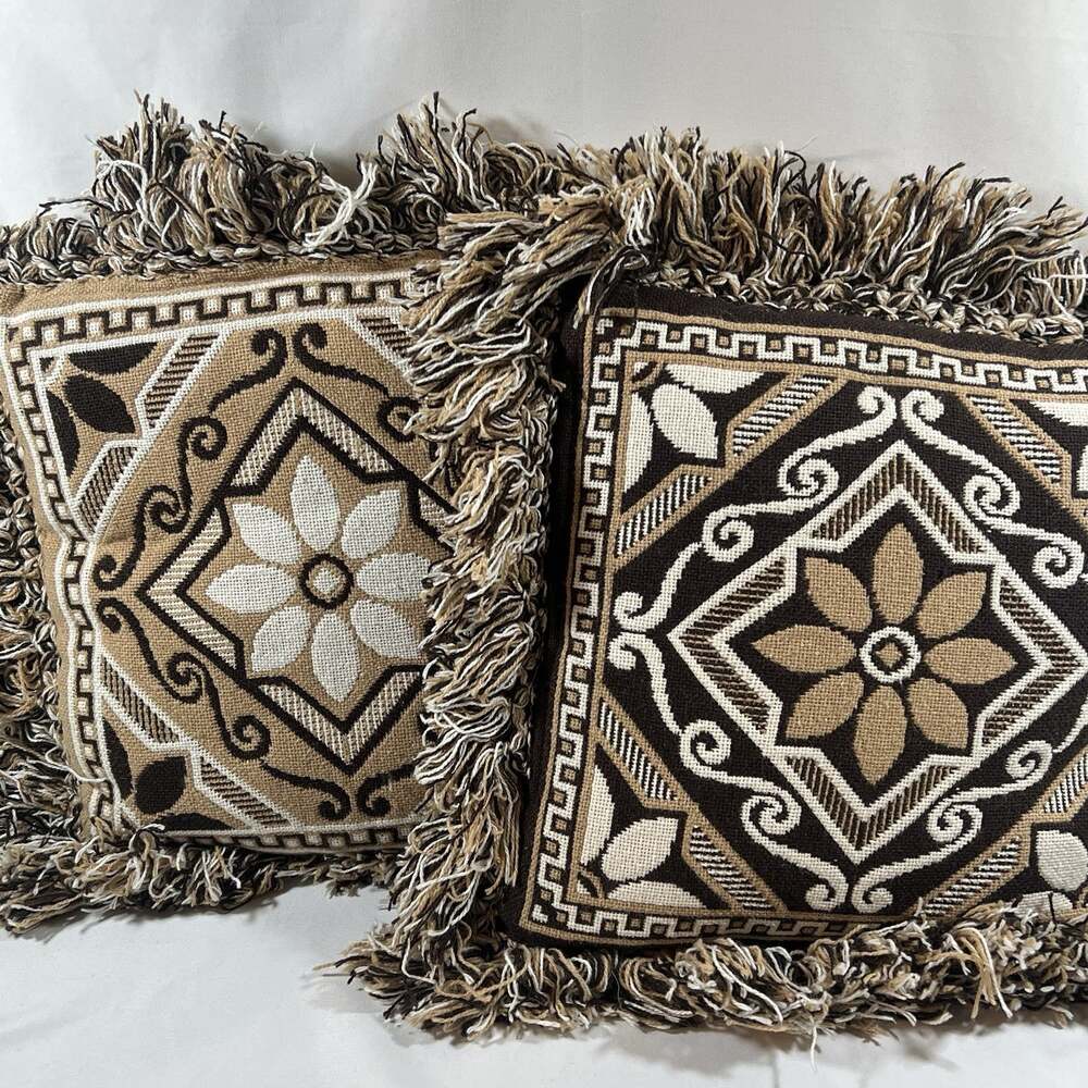 Vintage Set of 2 Boho Needlepoint Pillows Brown Tan Cream Floral Fringe Flowers